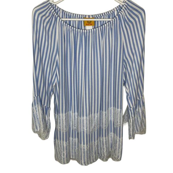 Ruby Rd. Blue Striped Off the Shoulder Flare sleeve shirt womens size small - Picture 1 of 4